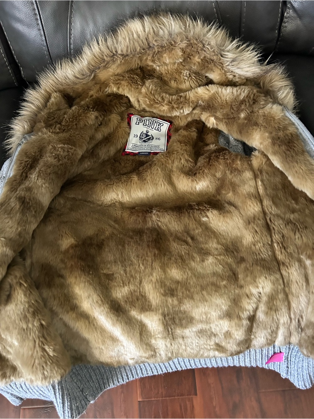Vtg VS PINK Angora Cable Knit Fur Hoodie Jacket Gray M / S McBling Y2K Grail - Picture 7 of 8